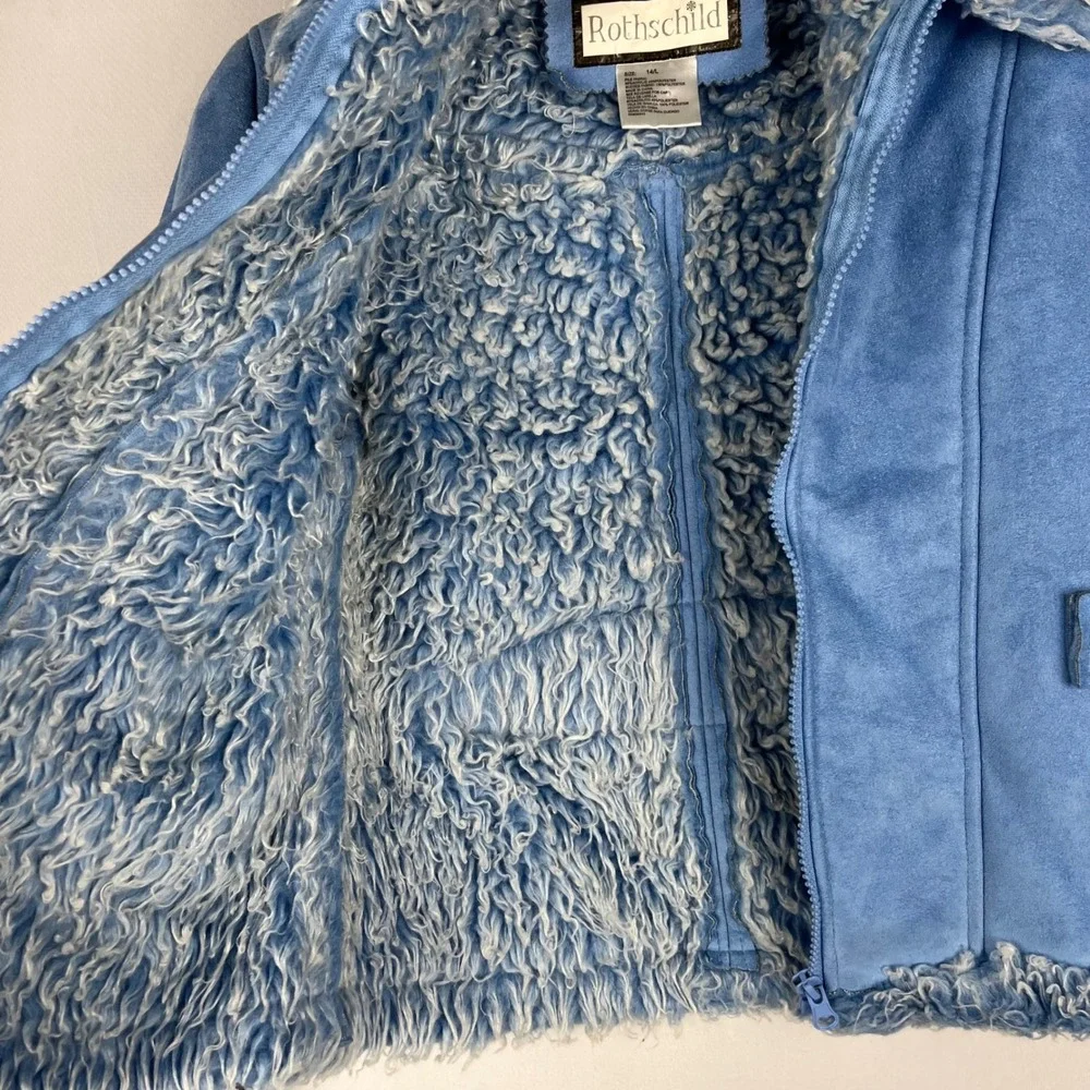 Rothschild Kids Blue Faux Suede Fur Trimmed Winter Jacket Rhinestones Girls 14Lg